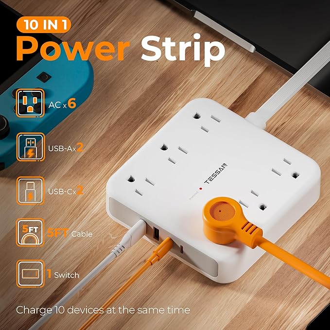 TESSAN Surge Protector Power Strip 2100J, 5 FT Extension Cord - Image 2