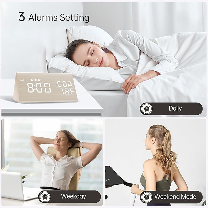 Digital Alarm Clock, with Wooden Electronic LED Time Display, 3 Alarm Settings - Image 6