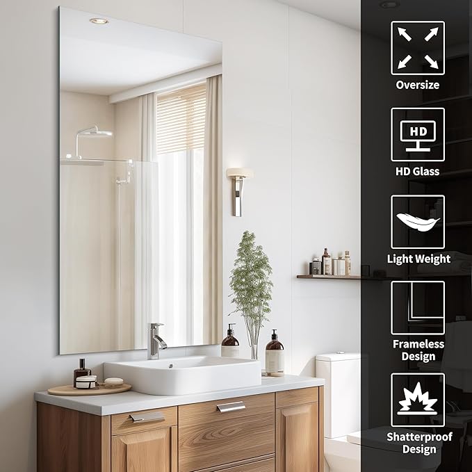 CILIBER Frameless Mirror, 30x60 Inch Large Bathroom Mirrors - Image 3