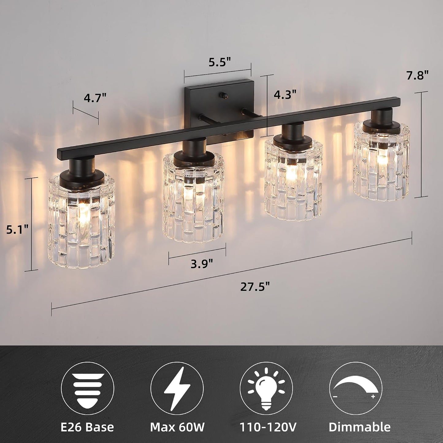 4 Light Matte Black Bathroom Vanity Light Over Mirror, Modern Vanity Lighting with Crystal Glass Shade, Wall Mount Bathroom Light Fixtures, E26 Base