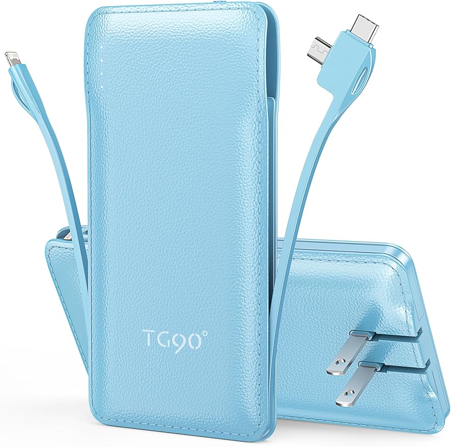 TG90° 10000mAh Power Bank with Built-in AC Wall Plug and Cables, Ultra Slim by TG90%C2%B0