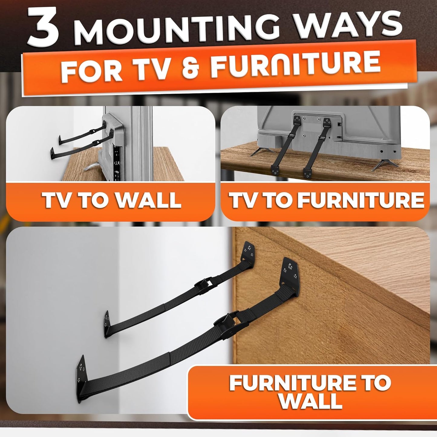 TV Safety Straps for Flat Screen, Anti-Tip, Adjustable 19 to 39 In | Wall Anchor Straps Hold Big Screen TVs Up to 330 Lbs - Flexible Nylon, Wear-Resistant, and Easy Setup for Furniture Anchoring