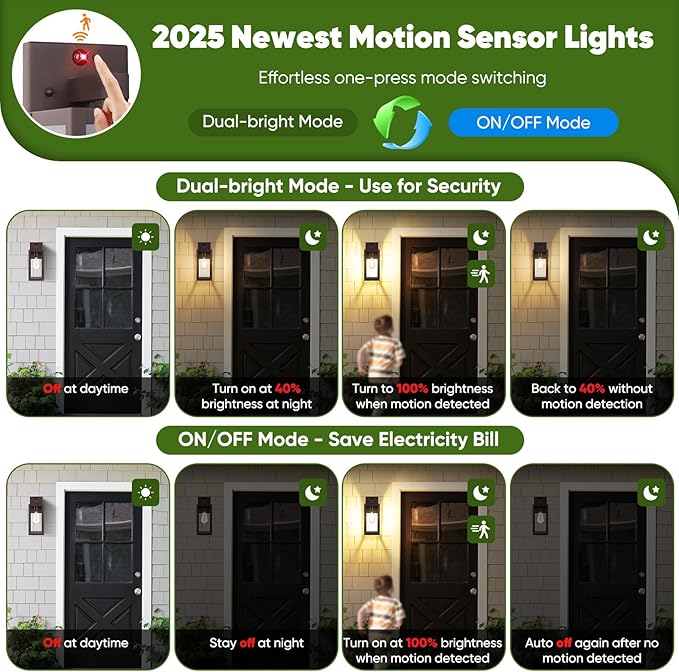2-Pack Upgraded Motion Sensor Outdoor Wall Lights, 13” Dusk to Dawn Porch - Image 2