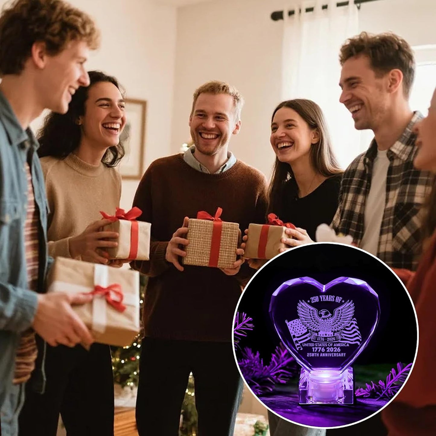 250th Anniversary 1776-2026 Heart Crystal LED Lamp, Engraved Crystal Night Light with Auto Color Changing, USB Powered Desk Decor Lamp for Men Women Veterans History Lovers