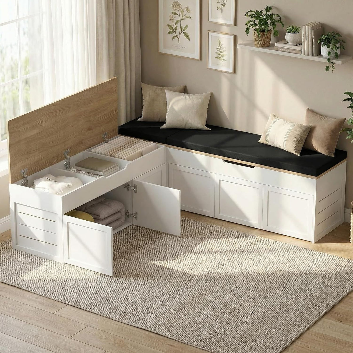 l-shaped corner storage bench with cushion, backless wood, main product view