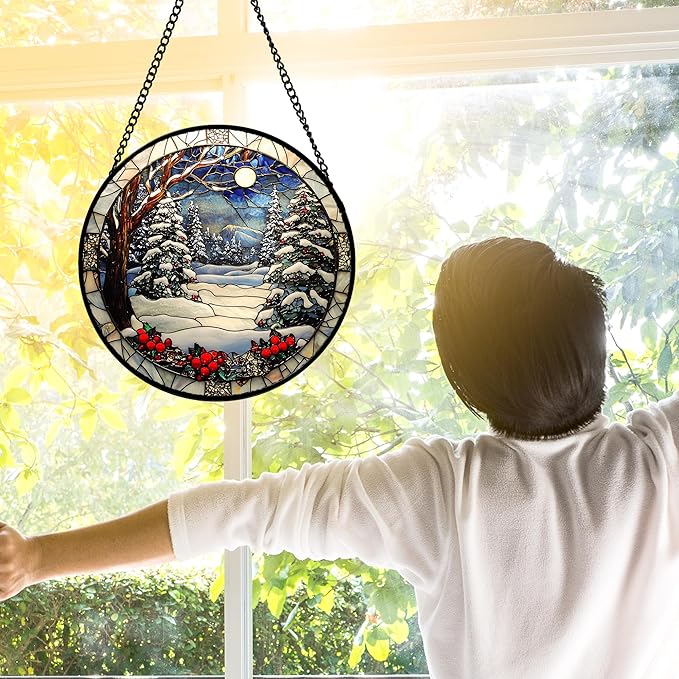 DASTOLL Stained Glass Window Hanging Christmas Tree Winter Snow Night Scenery - Image 4