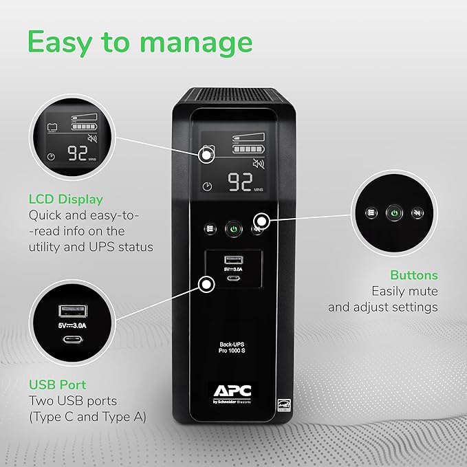 APC UPS Back-UPS Pro, 1000VA Sinewave UPS Battery Backup & Surge Protector - Image 7