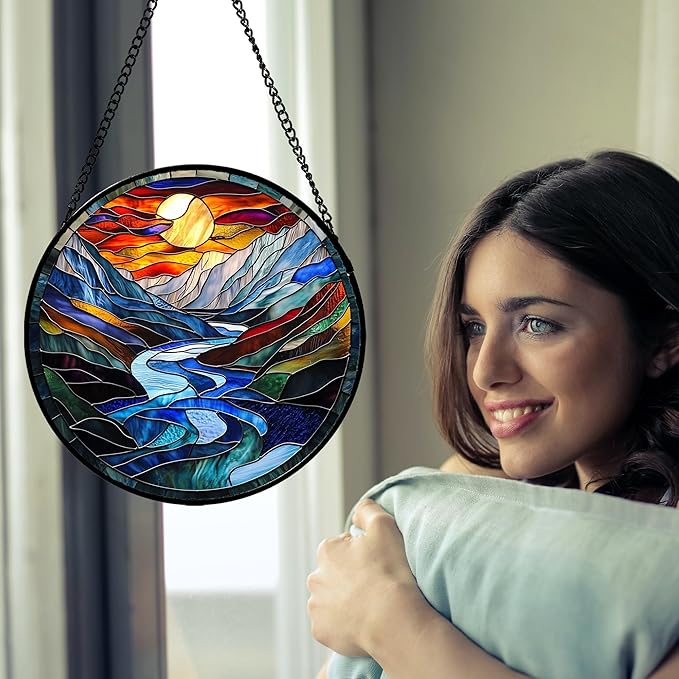 AMDERVEN Stained Glass Window Hanging, Canyon Mountains Sunset View Sun Catcher - Image 3