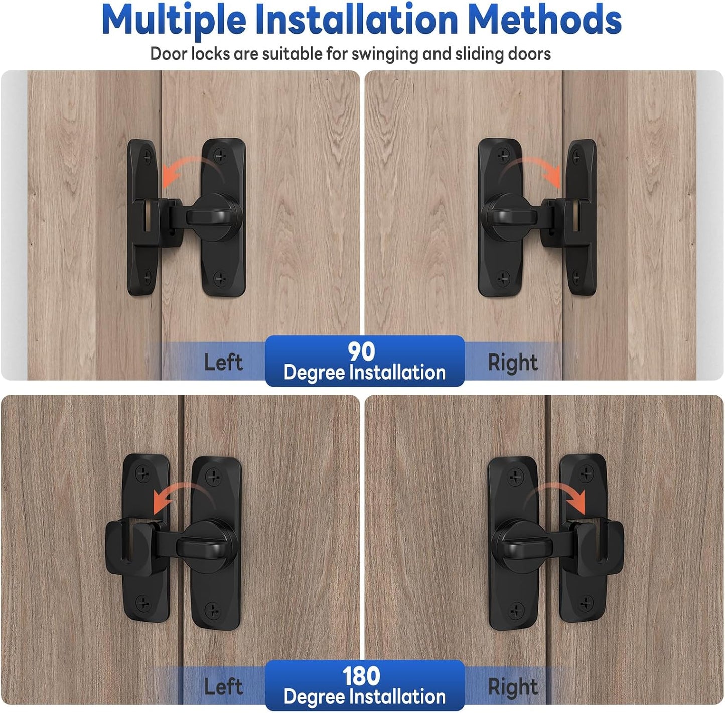 90/180 Degree Sliding Barn Door Locks and Latches, Black, 1 PC | Sturdy Aluminum Alloy, Proof Door Lock for Inside Barn Door, Screen Door, Bathroom, Closet, Cabinet, Screws & Spacer Included