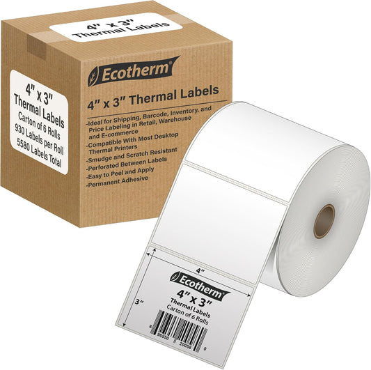 4" x 3" Thermal Labels | 6 Rolls | 5580 Labels | fits Zebra, Offnova Thermal
