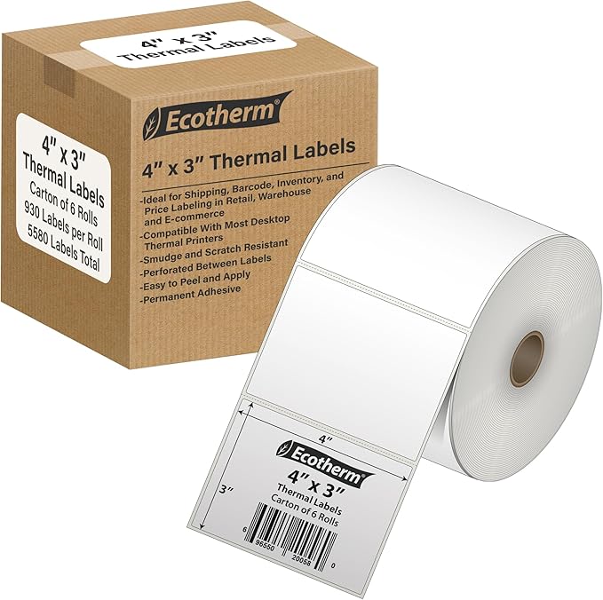 4" x 3" Thermal Labels | 6 Rolls | 5580 Labels | fits Zebra, Offnova Thermal by EcothermProducts