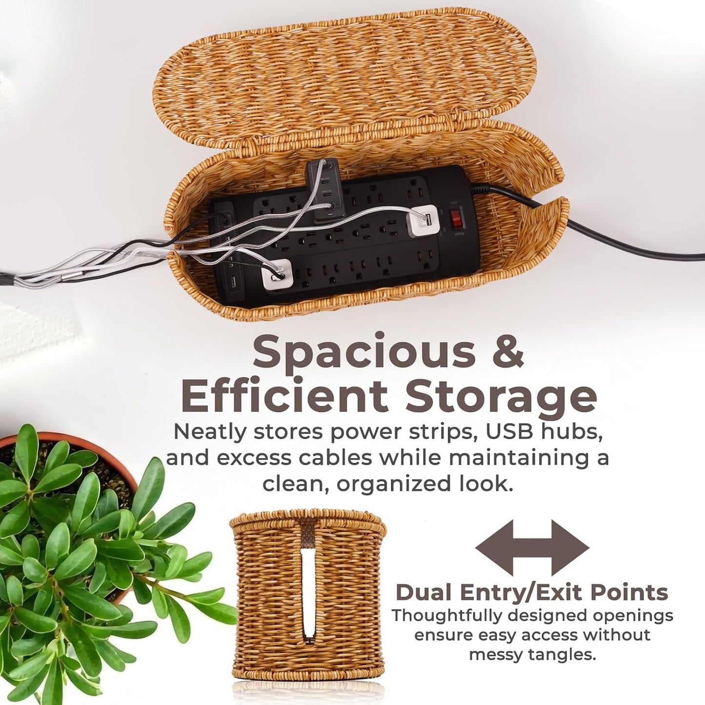 Cable Management Box, Handmade Rattan Cable Organizer, 2 Open Slots Cords Hider Box, Under Desk Cord Organizer for Computer Router USB Hub & Power Strip, 15.9" x 6.5" x 6.5", Natural
