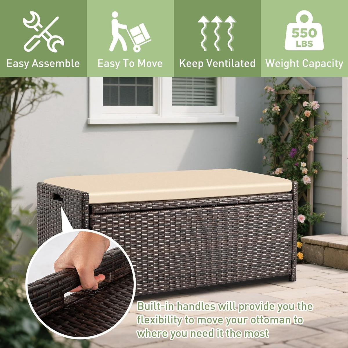 tappio deck box outdoor storage box bench, pe, side view