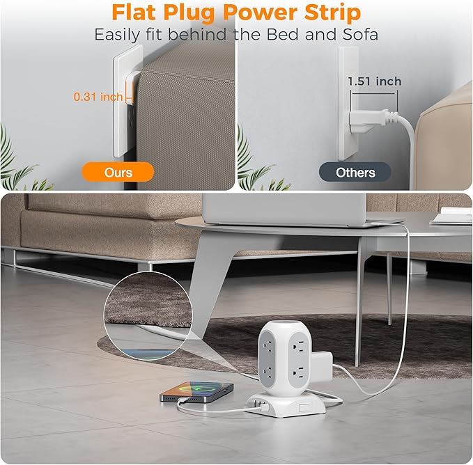 TESSAN Surge Protector Power Strip Tower, Flat Plug Extension Cord 10 Ft - Image 2