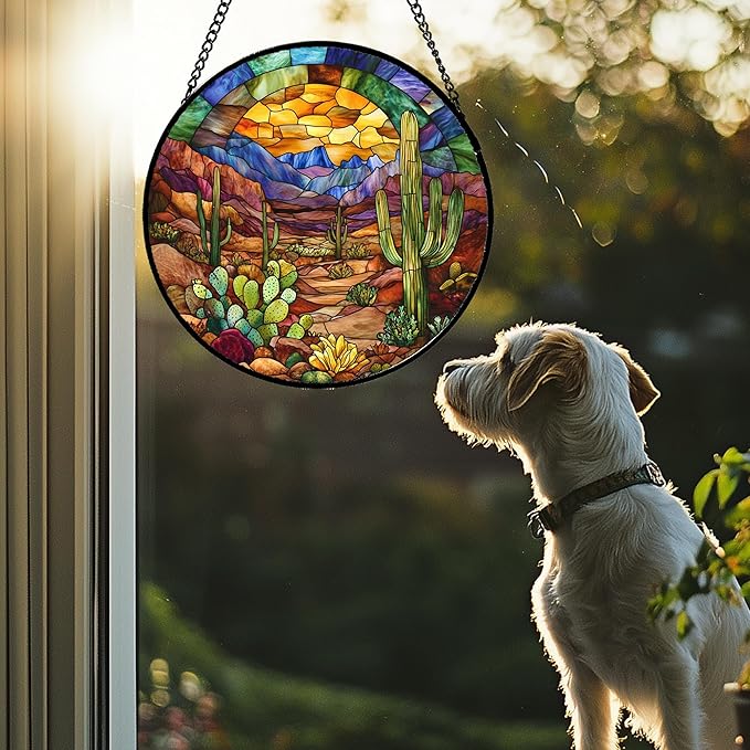 CRISGIF Stained Glass Window Hanging Cactus Mountains Landscape 6.3" - Image 2