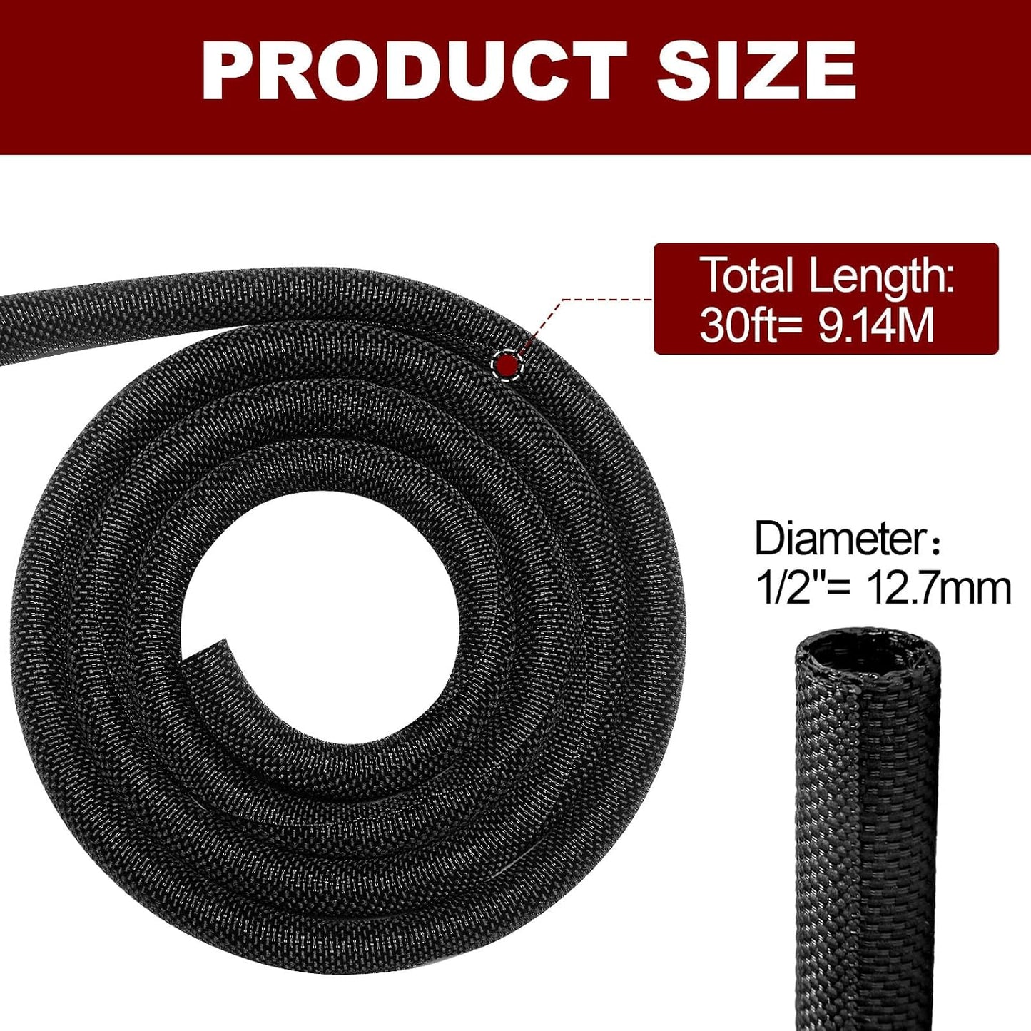 Automotive Wire Loom High Temperature Braided Wire Loom, Split-Sleeve Heat Resistant Wiring Loom Cord Cover for Harness Wires, Self-Wrapping Heavy Duty Sheathing Cable Management (1/2"-30Feet)