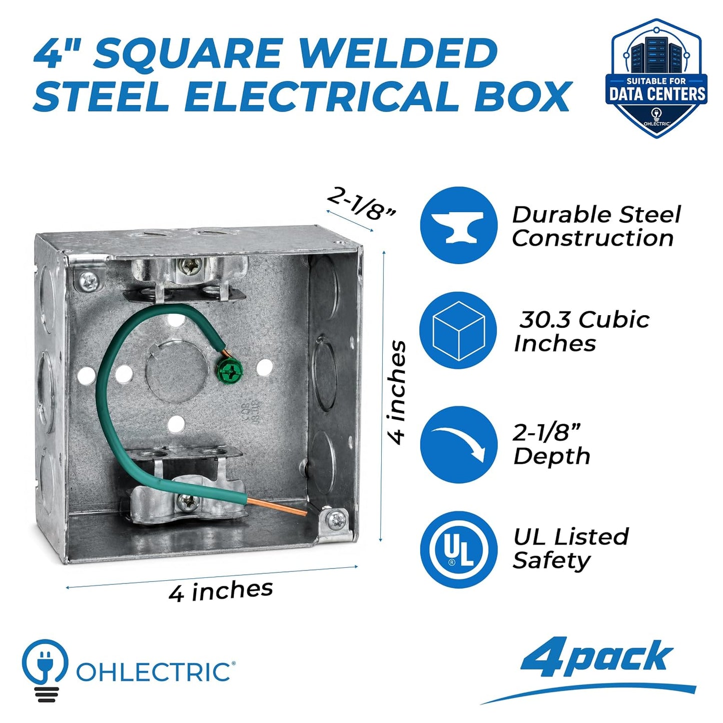 4" Square Welded Box 2-1/8" Deep 1/2" & 3/4" KO, MC Clamp, 10/32 Ground Screw, 7-1/2" Pig Tail – Made from Galvanized Steel OL-72737-4 (Pack of 4)