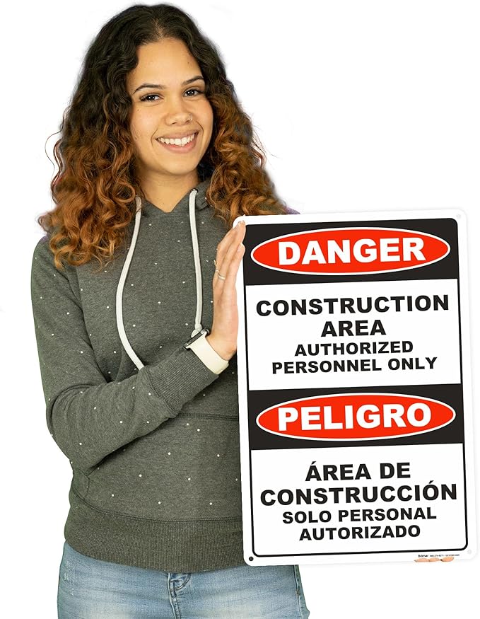 Brimar - 12" x 18" - Bilingual Danger Construction Area Authorized Only Sign - - Image 3