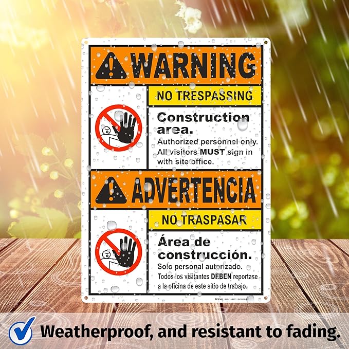 Brimar - 10" x 14" - Bilingual Warning Construction Area No Trespassing Sign - - Image 5