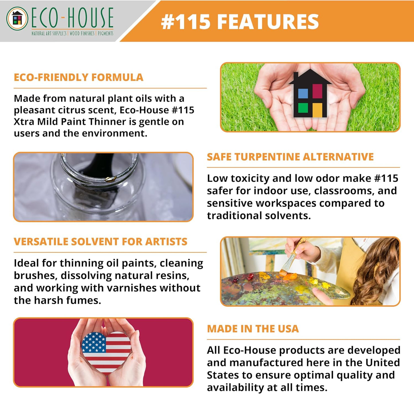 Eco House 115 Xtra Mild Paint Thinner – Citrus Scent, Low Odor, Safe Alternative to Turpentine – Eco-Friendly Solvent for Oil Paints, Natural Resins & Varnishes – 3.78L (1 Gallon)