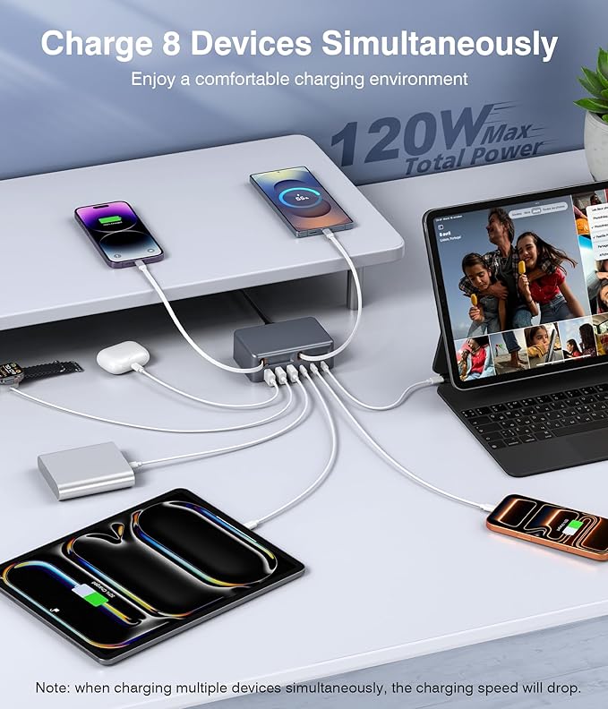 2026 Updated USB-C Fast Charging Station, 120W GaN 8-Port Retractable Charger - Image 2