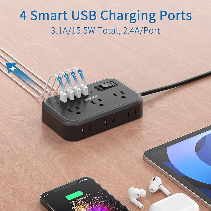 2 Pack Power Strip with 6 Outlets and 4 USB, NTONPOWER Flat Plug Extension Cord - Image 4