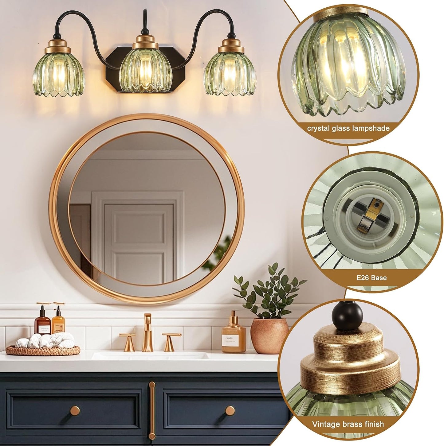 Vintage Gold Bathroom Light Fixtures,3 Light Green Tulip Crystal | Brushed Gold Vanity Lights,Matte Antique Brass Finish, Mid Century Style,Wall Sconces for Bedroom,Hallway,Easy to Install