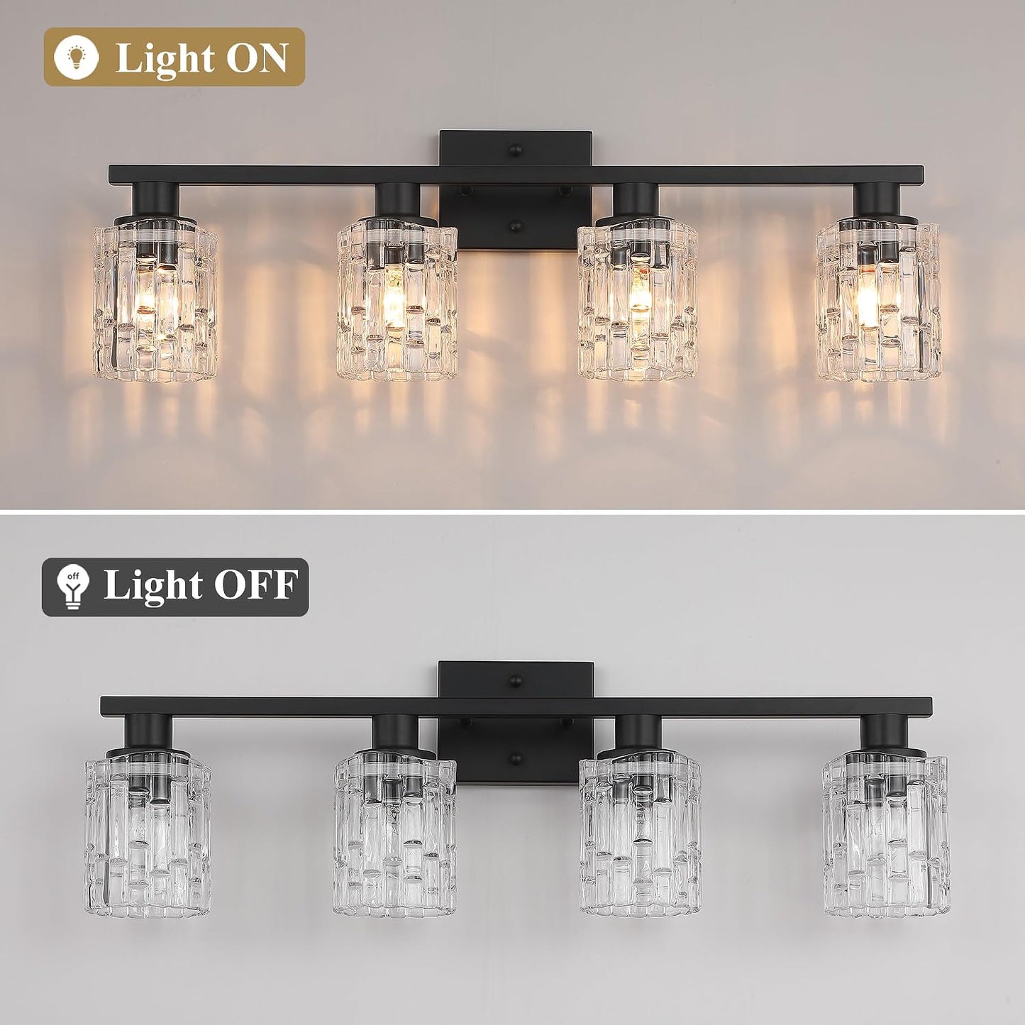 4 Light Matte Black Bathroom Vanity Light Over Mirror, Modern Vanity Lighting with Crystal Glass Shade, Wall Mount Bathroom Light Fixtures, E26 Base
