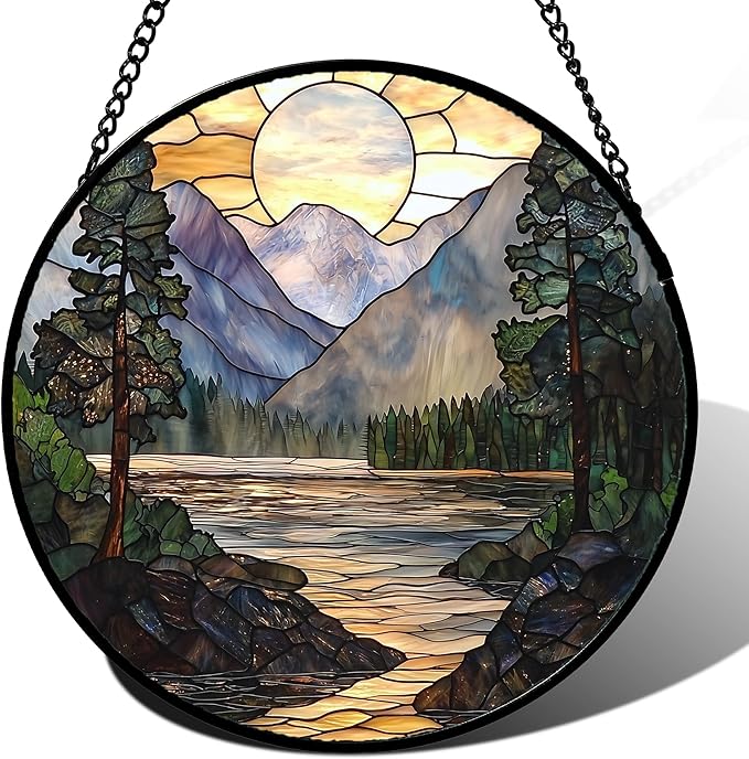AMDERVEN Stained Glass Window Hanging, Sunset Mountains Lake Tree Sun Catcher by amderven