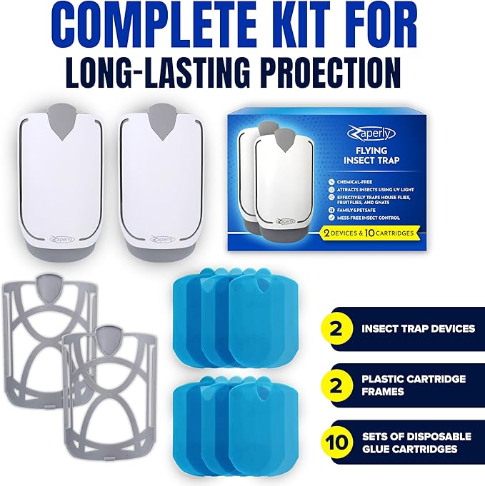 Zaperly 2 Fruit Fly Traps & 10 Adhesive Cartridges, Indoor Plug-in Bug Catcher - Image 2