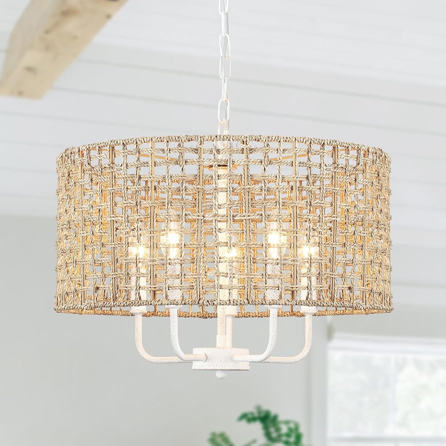 Rattan Chandelier 5-Light Farmhouse Boho Pendant Light Fixture for Dining Room Brown and White Woven Chandeliers for Ceiling Light,Bedroom,Living Room,Foyer,Kitchen Island,Coastal,Stairway,Hallway