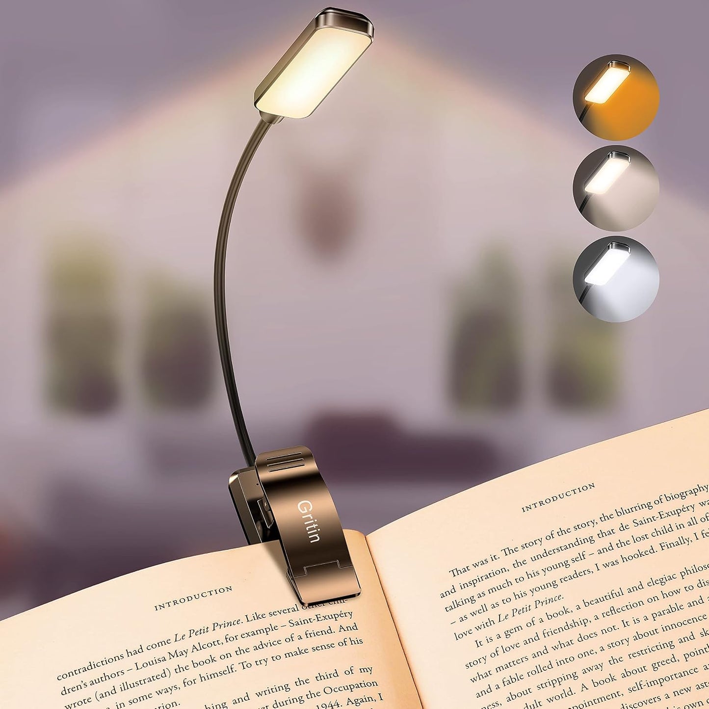 Gritin 9 LED Rechargeable Book Light for Reading in Bed | Eye Caring 3 Color Temps,Stepless Dimming Brightness,80 Hrs Runtime Small Lightweight Clip On Book Reading Light for Studying