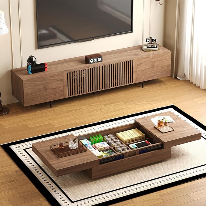 NessCarsti Mid-Century Modern TV Stand & Expandable Coffee Table Set, Walnut - Image 6