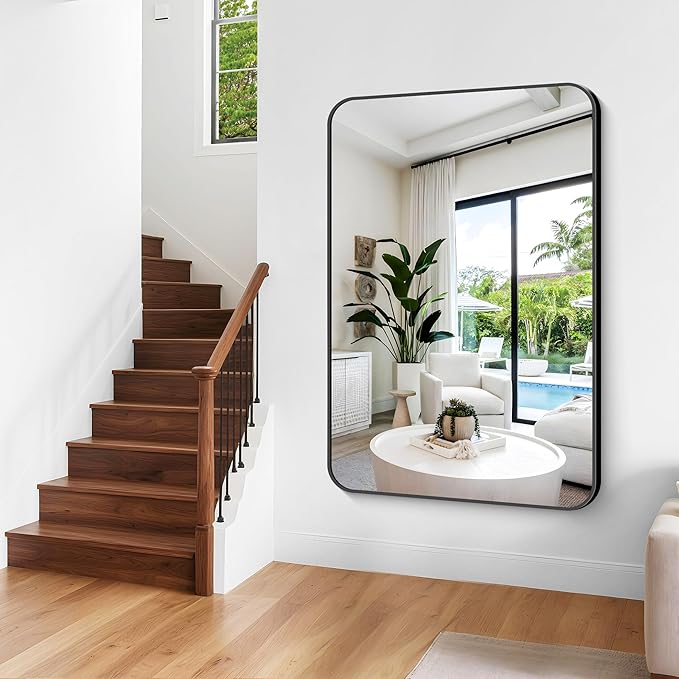 Large Bathroom Mirror, 60 x 40 inch Black Rectangle Mirror, Metal Framed - Image 6