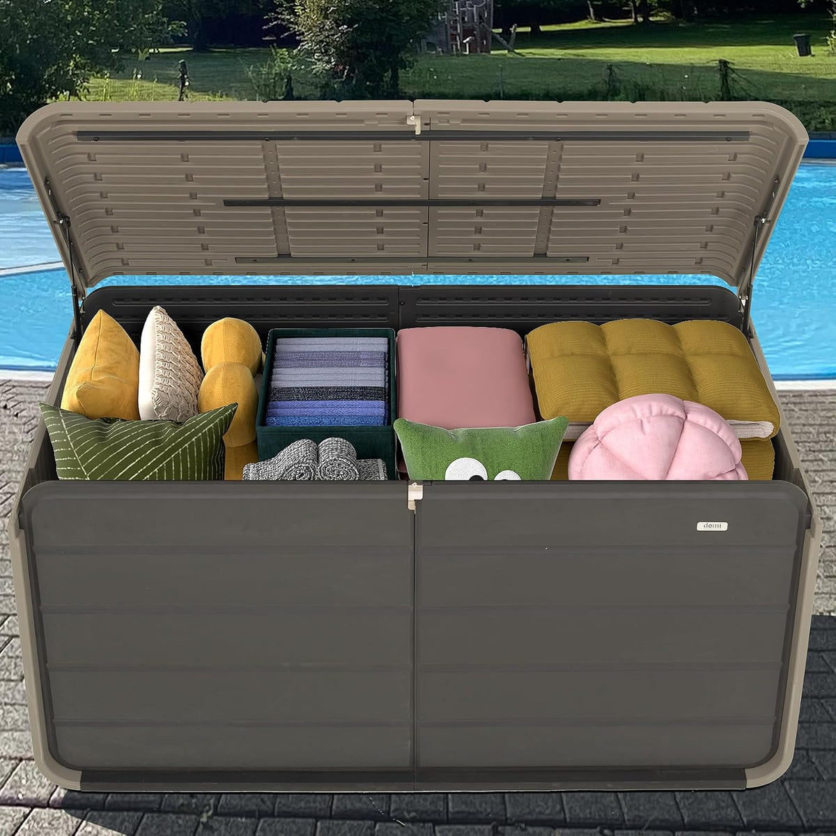 domi 260 gallon resin deck box, outdoor waterproof, main product view