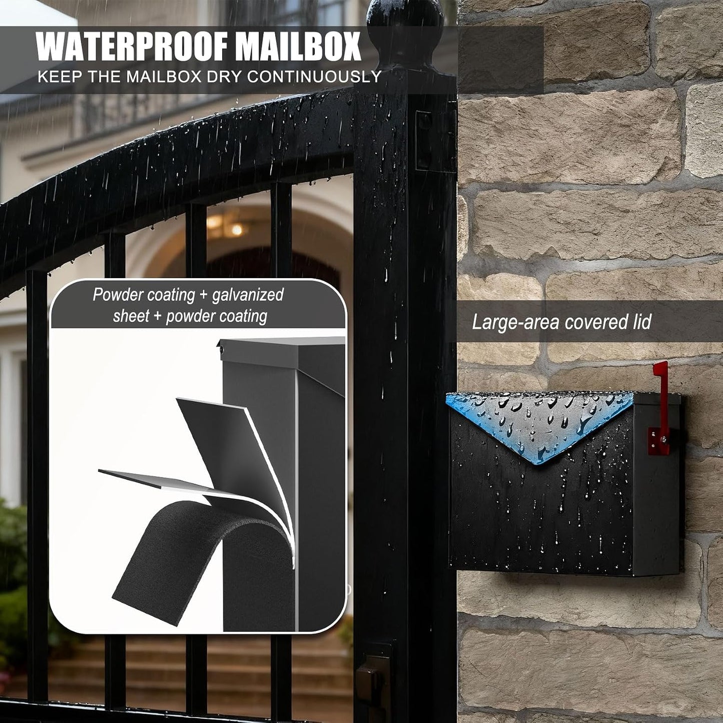 Large Capacity Wall Mount Mailbox with Outgoing Mail Flag, 14.2”x10.4”x4.3” Steel Mail Box for Outside, Rust-Proof Galvanized Steel Post Box, Quiet Stay-Open Lid Smooth Operation Mailboxes