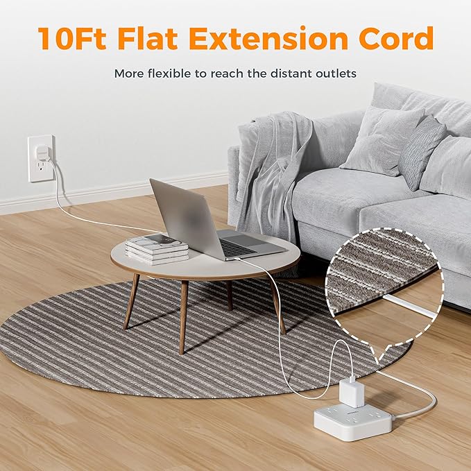 10 FT Surge Protector Power Strip, TESSAN Extension Cord Flat Plug - Image 2
