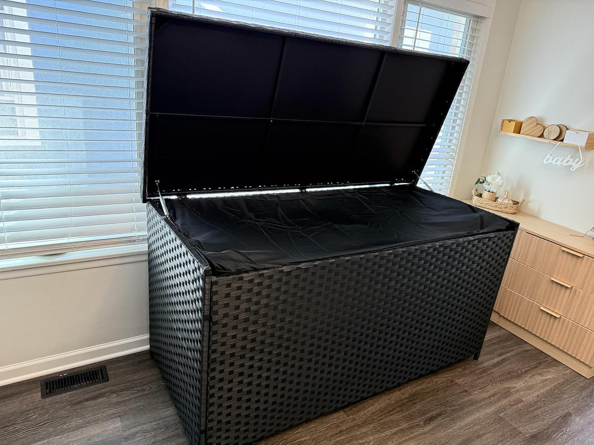 dwvo 260 gallon deck box, xxl all-weather wicker showing dimensions