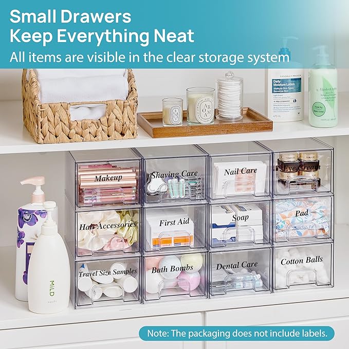 Vtopmart 10 Pack Clear Small Stackable Storage Drawers, Acrylic Bathroom Makeup - Image 3