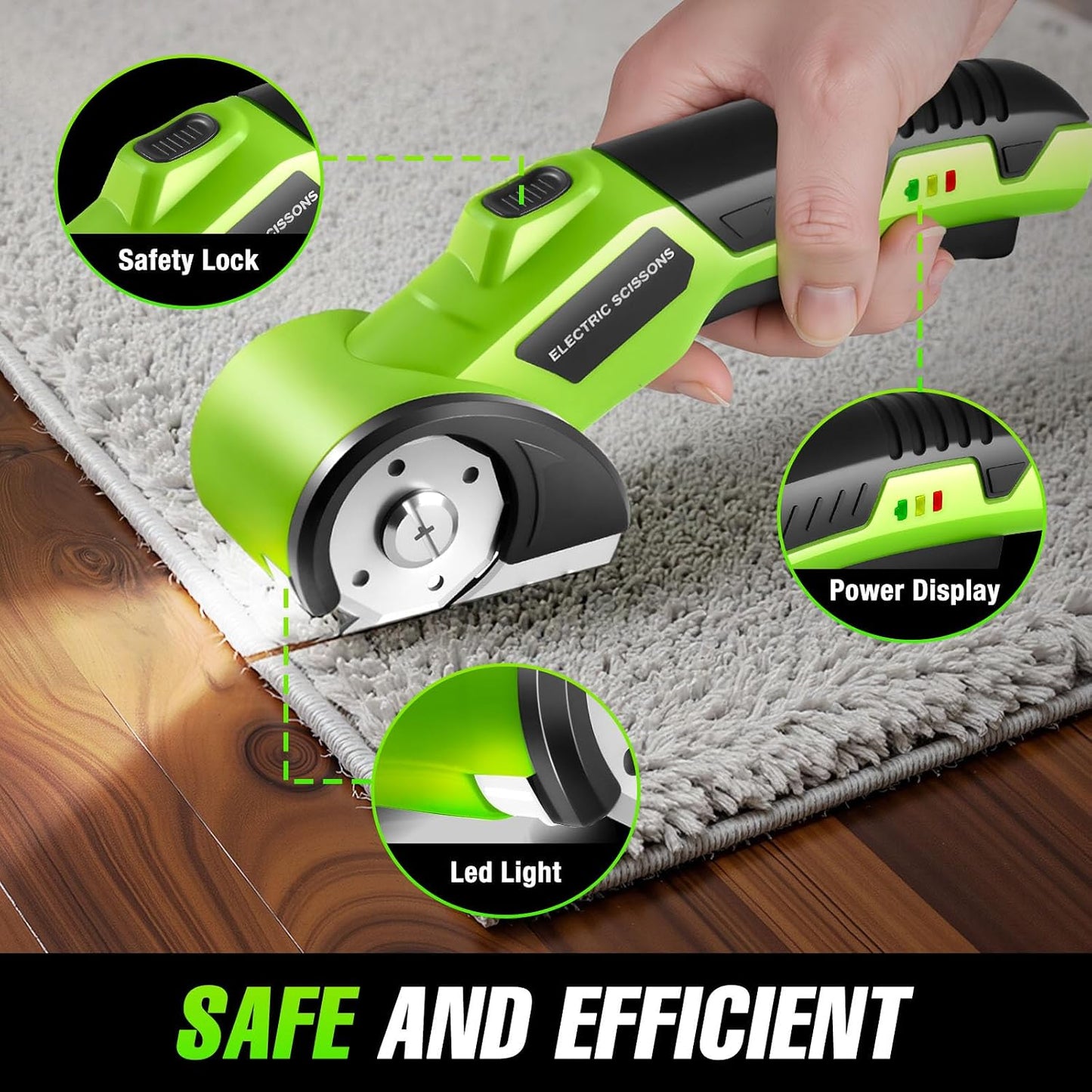 Cordless Electric Scissors, 4V Rechargeable Cardboard Cutter with 2600mAh Battery, Safety Lock, LED Light, 2 Blades, Electric Box Cutter for Cardboard, Fabric, Plastic, Leather, Cloth, DIY Crafts