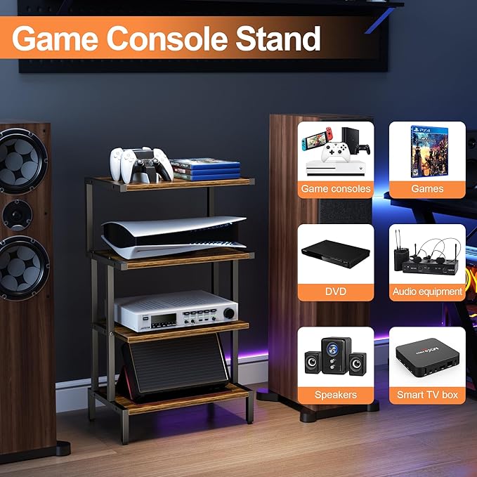 Aquzee Game Console Stands, 4-Tier AV Media Shelf, Stereo Stand, Wood Gaming - Image 3