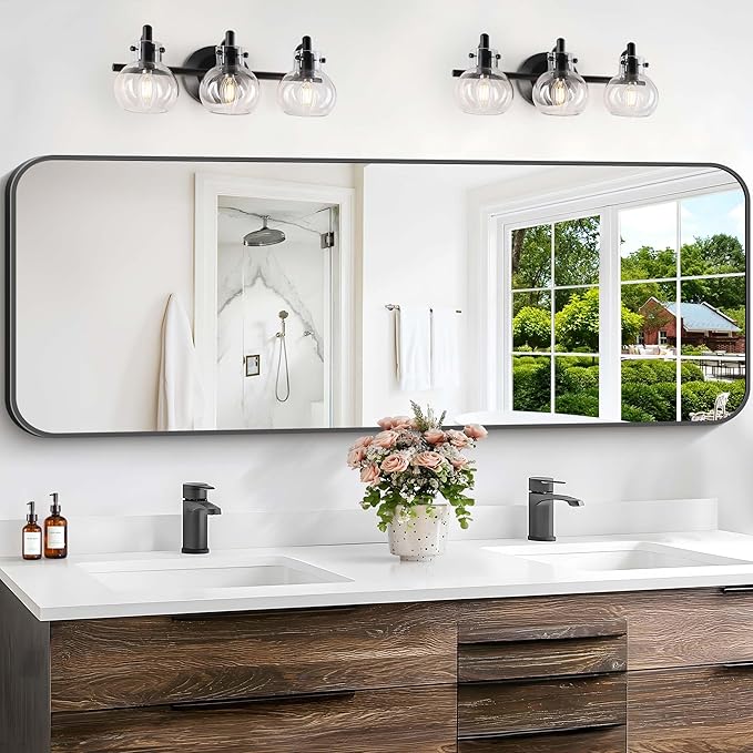 Bathroom Mirror, 60 x 24 inch Metal Framed Black Rectangle Mirror, Rounded by WelcometoCIVENO