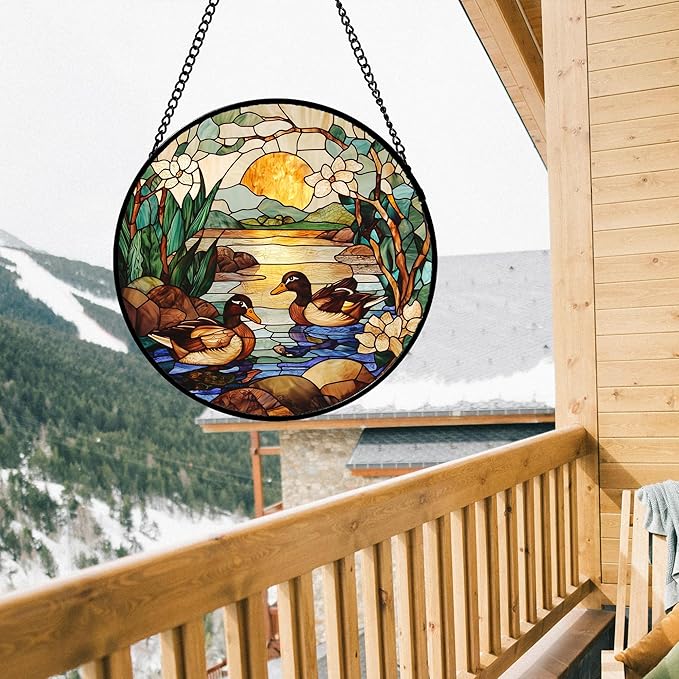 AMDERVEN Stained Glass Window Hanging, Ducks in The Pond Sun Catcher - Image 3