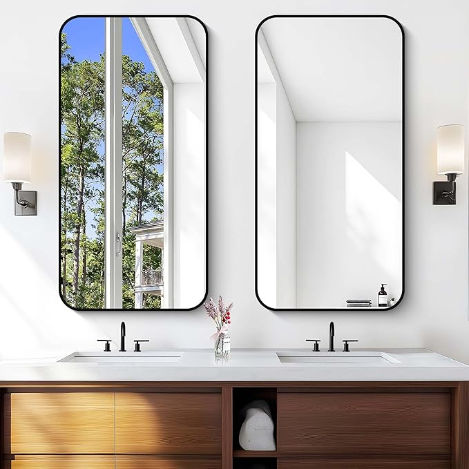 Bathroom Mirror, 48 x 24 inch Black Rectangle Wall Mirror, Metal Framed - Image 7