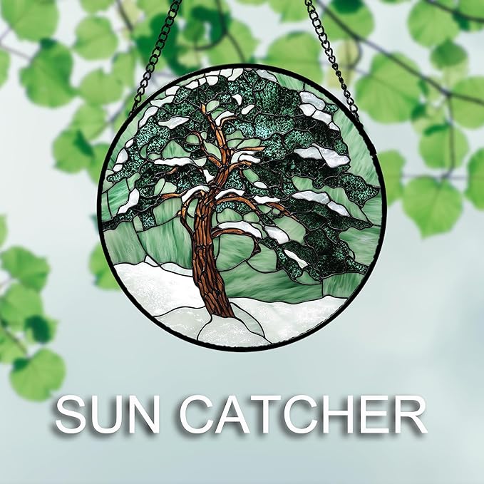 AMDERVEN Stained Glass Window Hanging 4 Pcs Set Forest Green Trees Winter Snow - Image 3