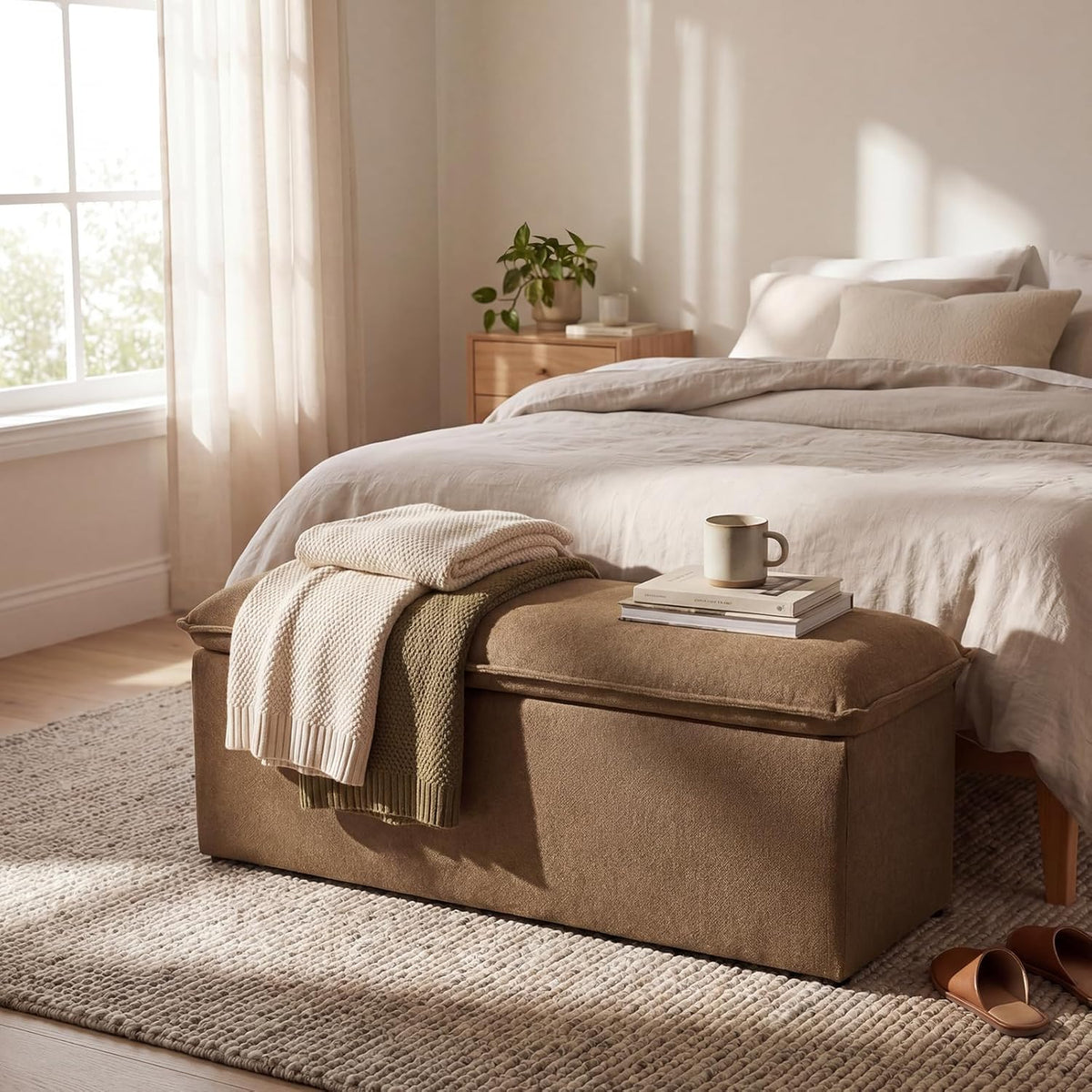 ya-home modern storage bench, upholstered storage ottoman chenille, main product view