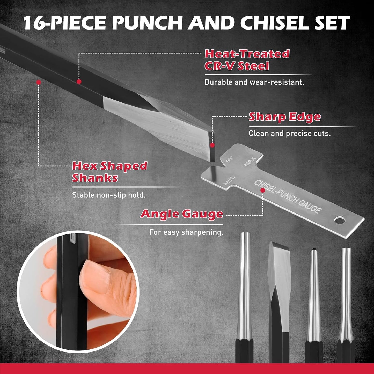 25-Piece Punch and Chisel Set with Roll Pin Punches, Includes Taper, Pin, Center Punches & Cold Chisels for Metalworking, Automotive, and Craft Use