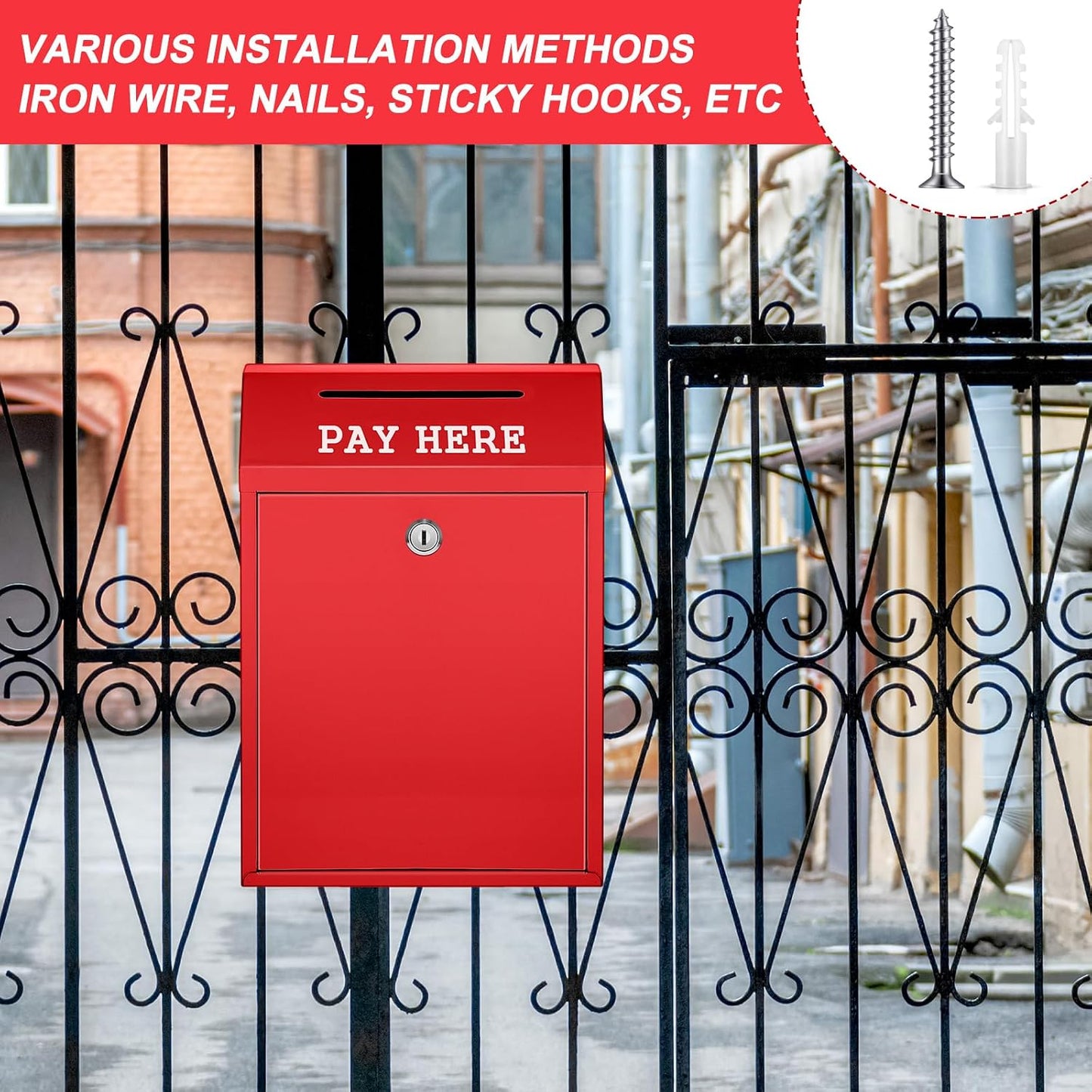 Yaocom Metal Money Cash Box,Red,11.8 x 8.6 x 4.7 Inch | Wall Mount Pre-drilled Farm Stand Outdoor, Lockable Drop Slot for Donations, Pay Here Self-serve Safe Cash Lock Box
