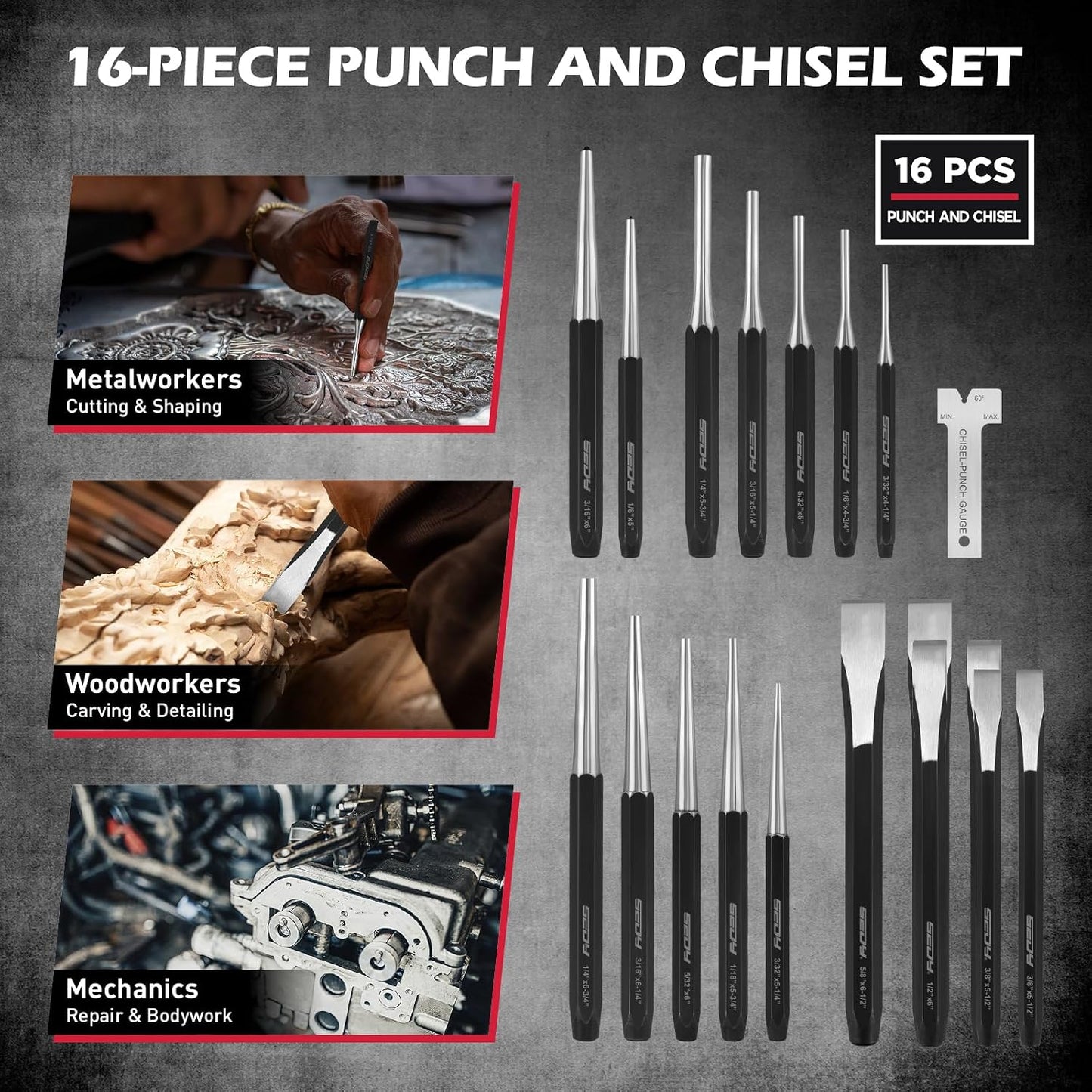 25-Piece Punch and Chisel Set with Roll Pin Punches, Includes Taper, Pin, Center Punches & Cold Chisels for Metalworking, Automotive, and Craft Use