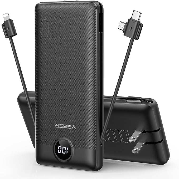 VEGER Portable Charger for iPhone Built in Cables and Wall Plug, 10000mah Slim by VEGER